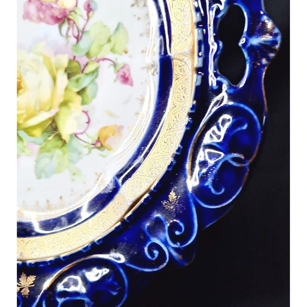 Antique Cobalt Blue Porcelain Cabinet Plate Gold Gilt Floral Roses Embossed 9.5